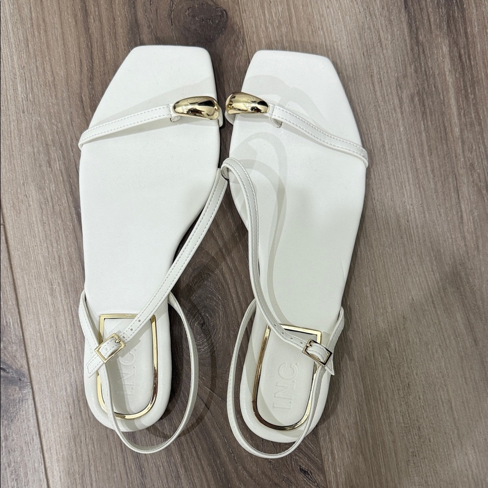 INC International Concepts White Sandals with Gold Details